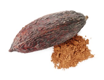 Cocoa pod and powder isolated on white, top view