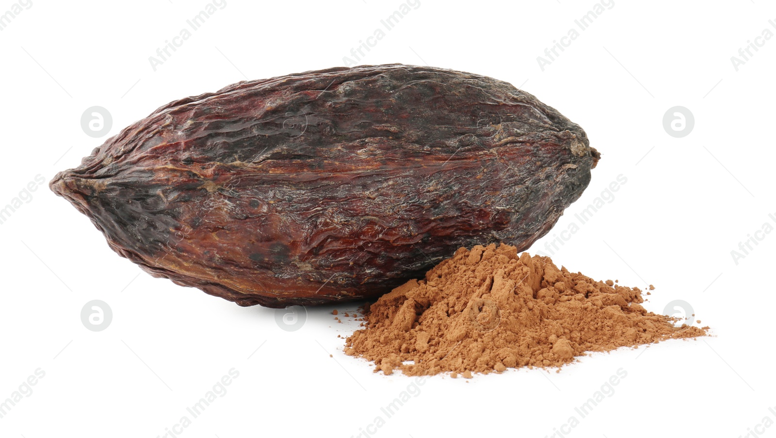 Photo of Cocoa pod and powder isolated on white