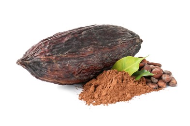 Photo of Cocoa pod, beans, powder and leaves isolated on white