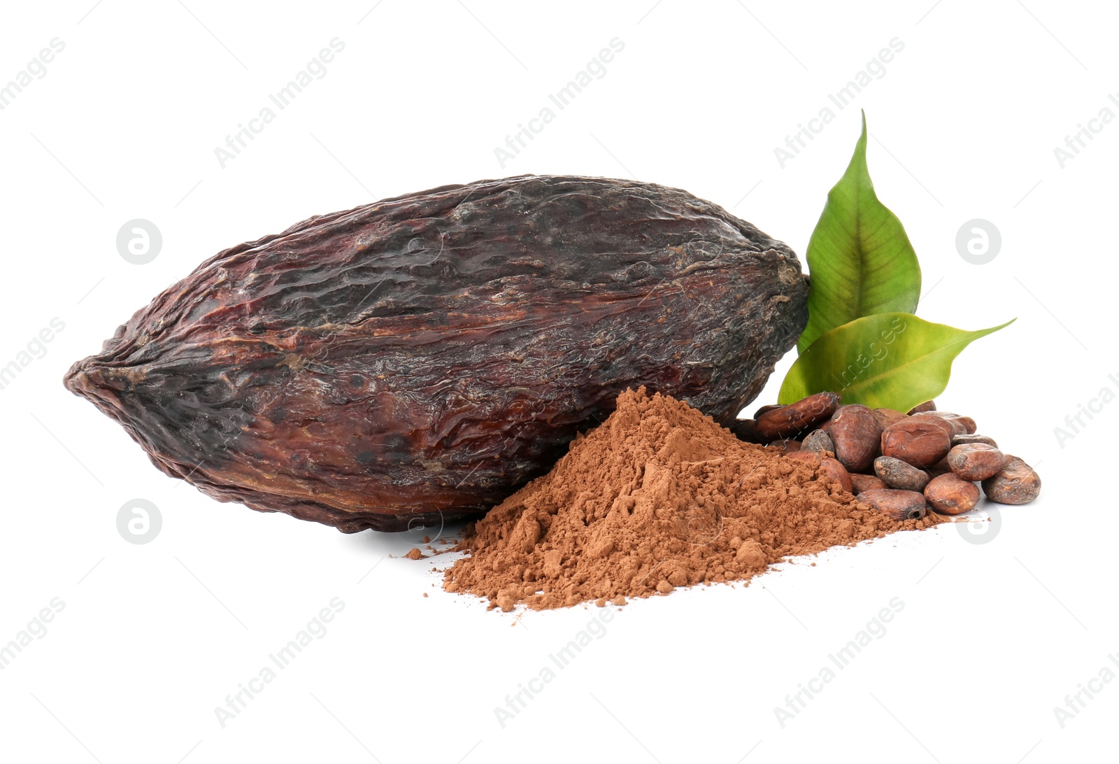 Photo of Cocoa pod, beans, powder and leaves isolated on white