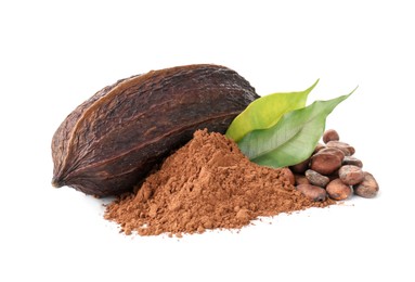 Photo of Cocoa pod, beans, powder and leaves isolated on white