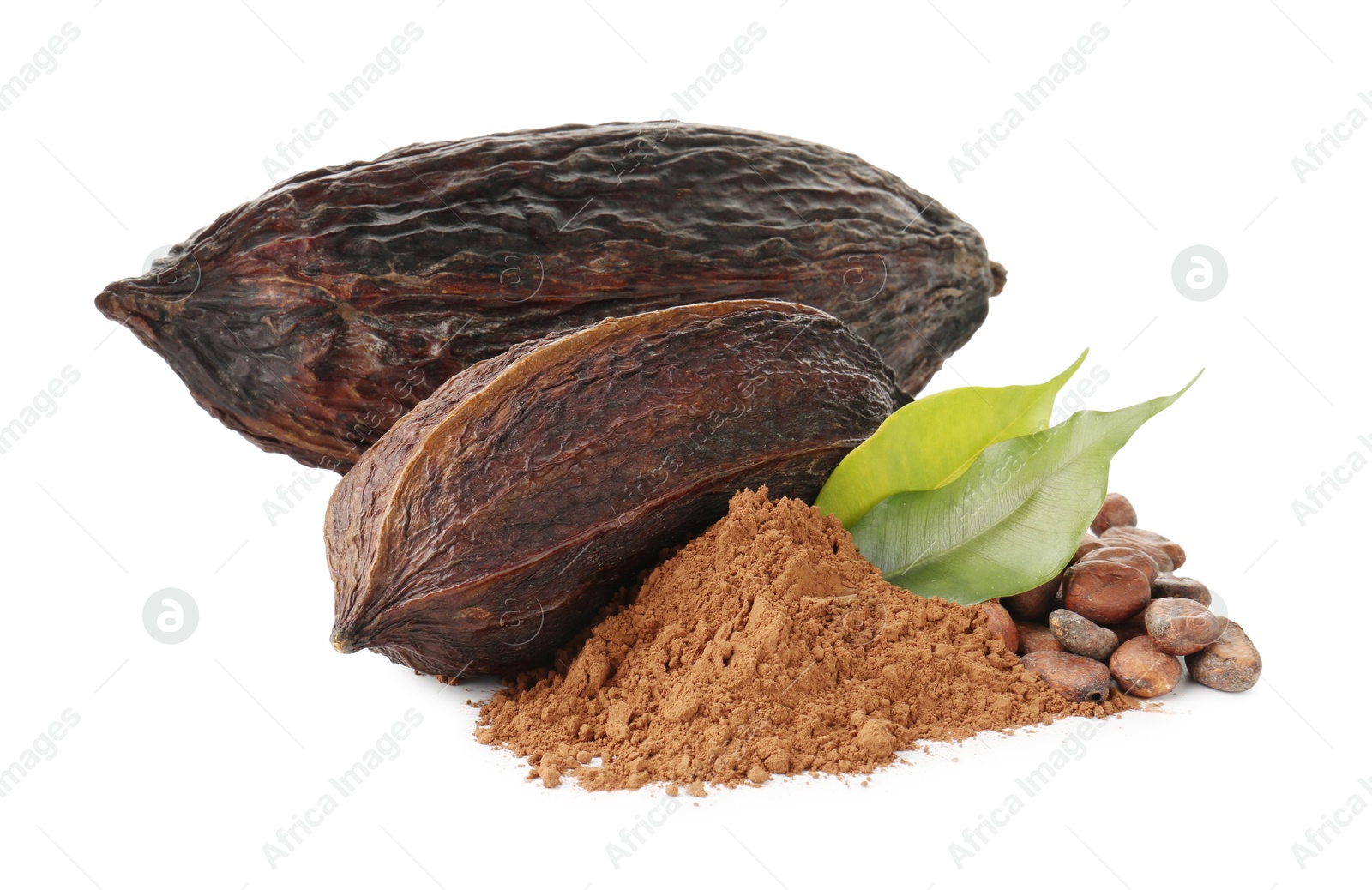 Photo of Cocoa pods, beans, powder and leaves isolated on white