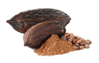 Photo of Cocoa pods, beans and powder isolated on white