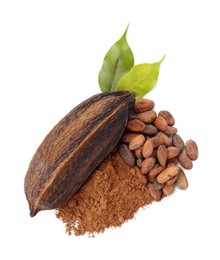 Photo of Cocoa pod, beans, powder and leaves isolated on white, top view