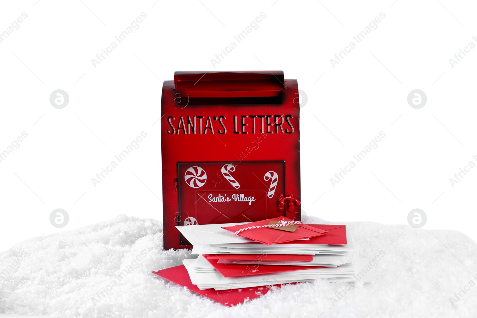 Photo of Santa Claus mail box and letters on artificial snow against white background. Christmas tradition