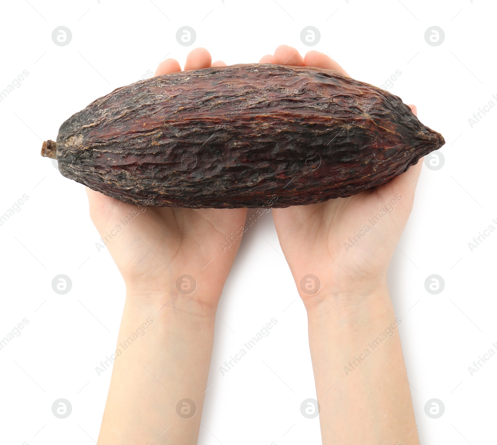 Photo of Woman with cocoa pod on white background, top view