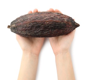 Photo of Woman with cocoa pod on white background, top view