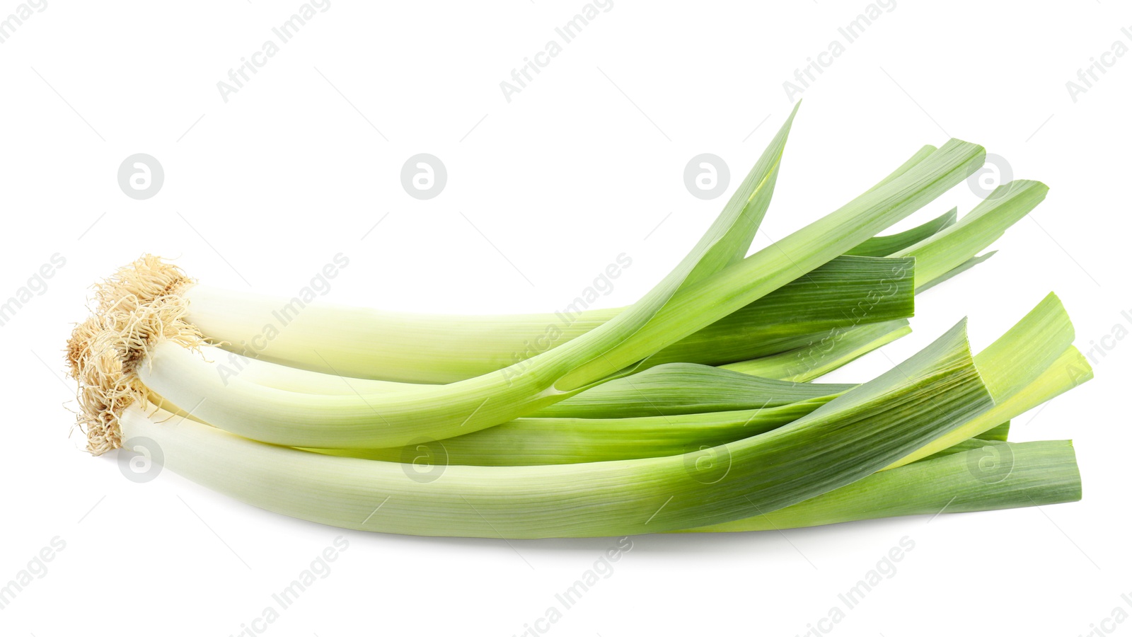 Photo of Fresh raw green leeks isolated on white