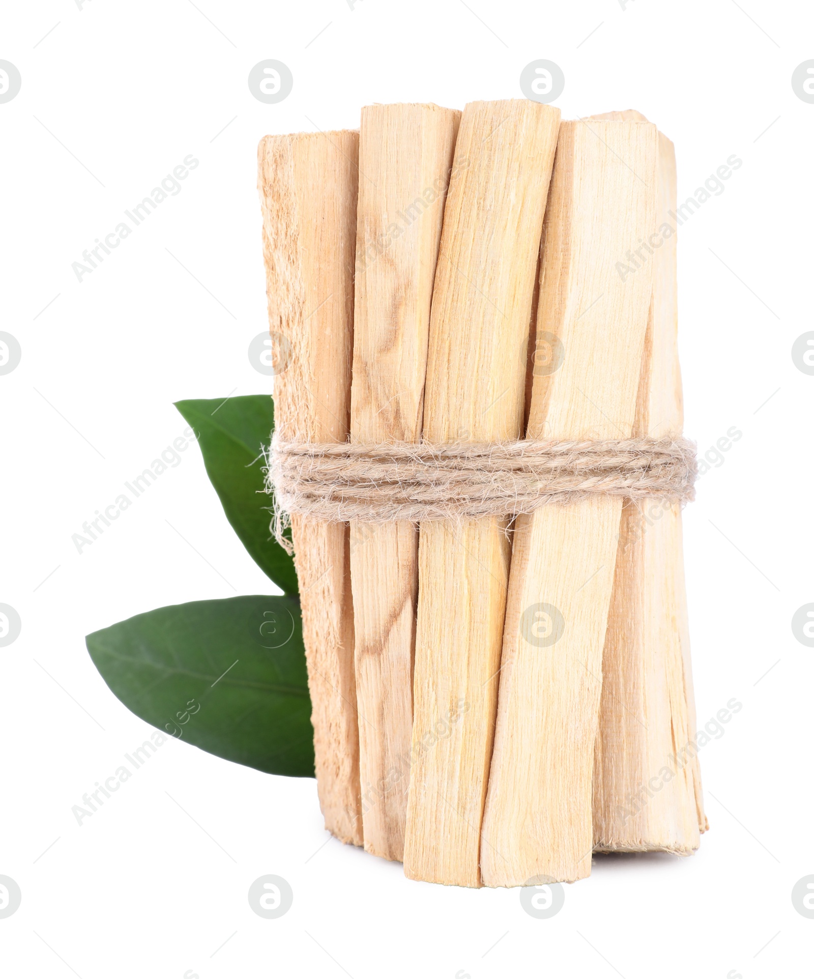 Photo of Bunch of palo santo sticks and green leaves on white background