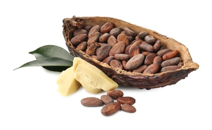 Photo of Cocoa pod with beans, butter and leaves isolated on white