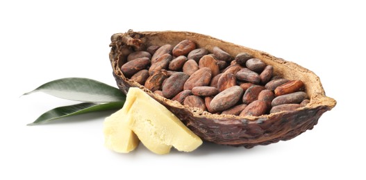 Cocoa pod with beans, butter and leaves isolated on white