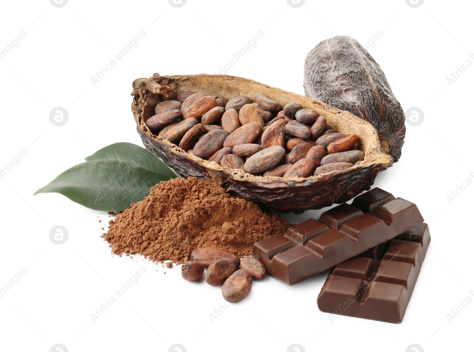 Photo of Cocoa pods with beans, powder, chocolate and leaves isolated on white