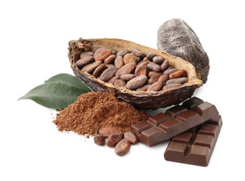 Photo of Cocoa pods with beans, powder, chocolate and leaves isolated on white