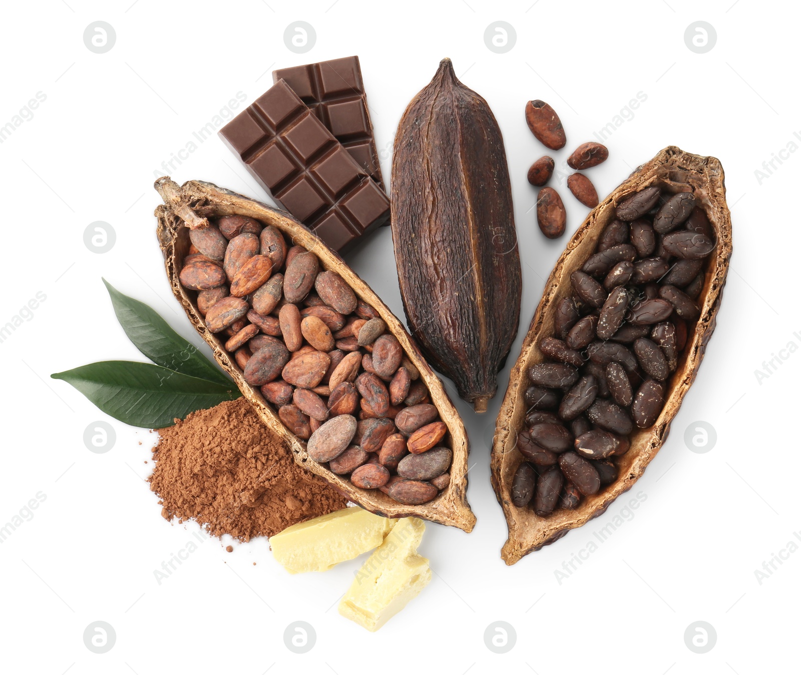 Photo of Cocoa pods with beans, powder, butter, chocolate and leaves isolated on white, top view