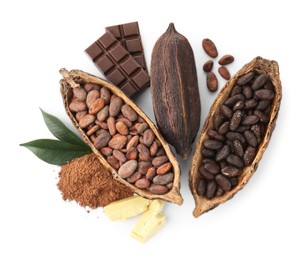 Photo of Cocoa pods with beans, powder, butter, chocolate and leaves isolated on white, top view