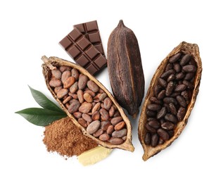 Photo of Cocoa pods with beans, powder, butter, chocolate and leaves isolated on white, top view