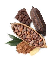 Photo of Cocoa pods with beans, powder, butter, chocolate and leaves isolated on white, top view