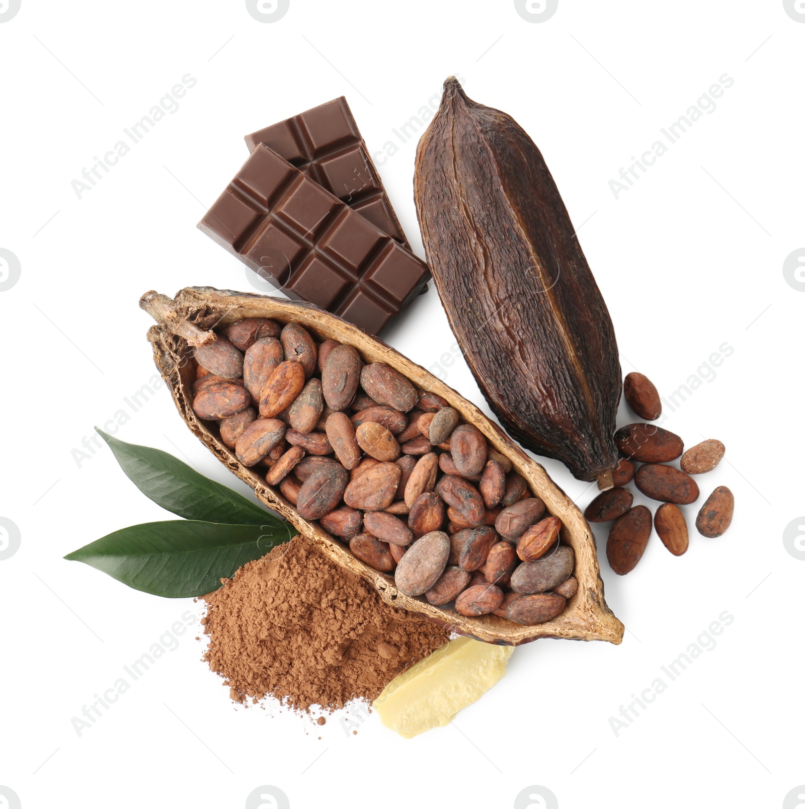 Photo of Cocoa pods with beans, powder, butter, chocolate and leaves isolated on white, top view