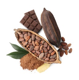 Photo of Cocoa pods with beans, powder, butter, chocolate and leaves isolated on white, top view