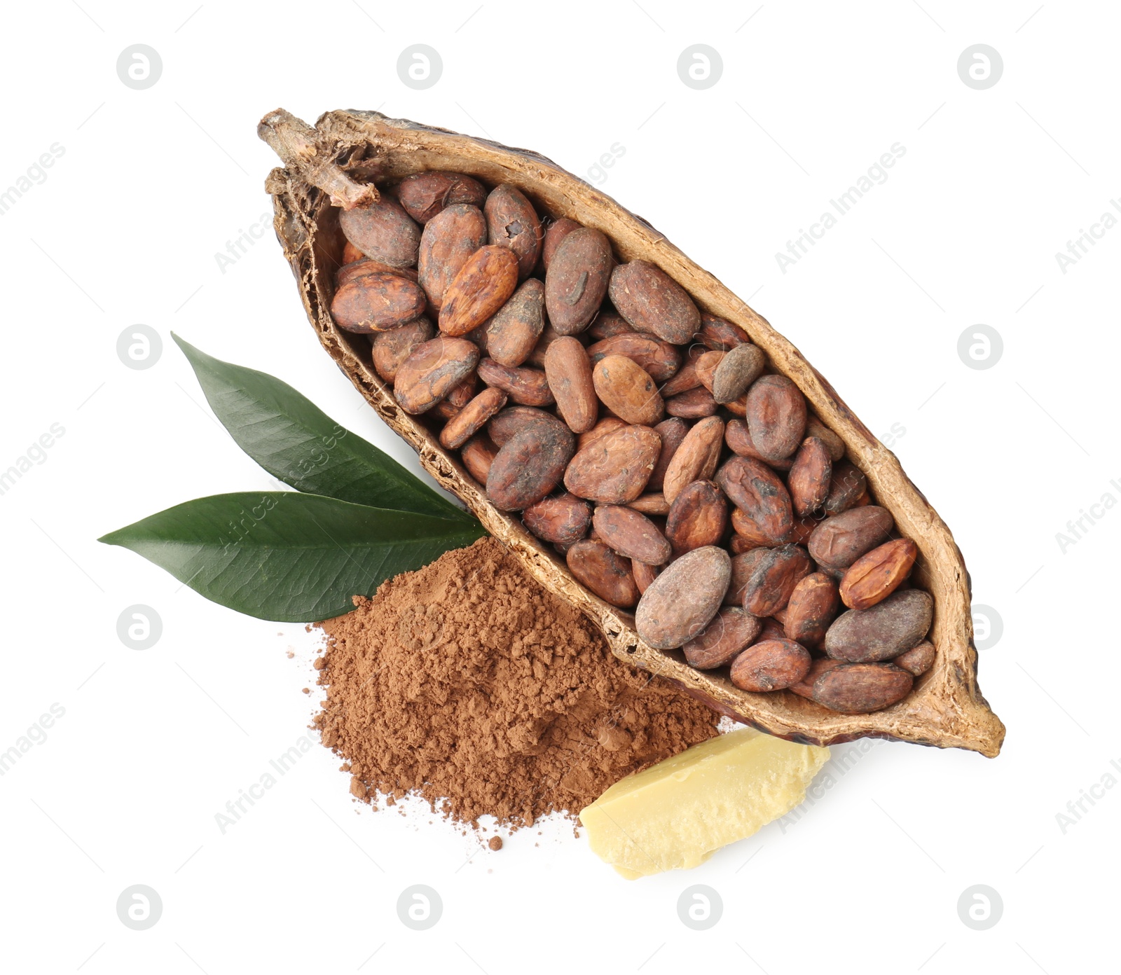 Photo of Cocoa pod with beans, powder, butter and leaves isolated on white, top view