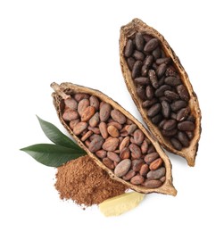 Cocoa pods with beans, powder, butter and leaves isolated on white, top view