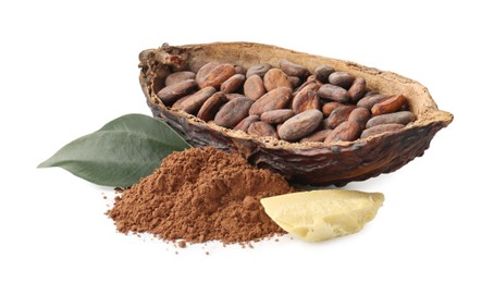 Cocoa pod with beans, powder, butter and leaves isolated on white