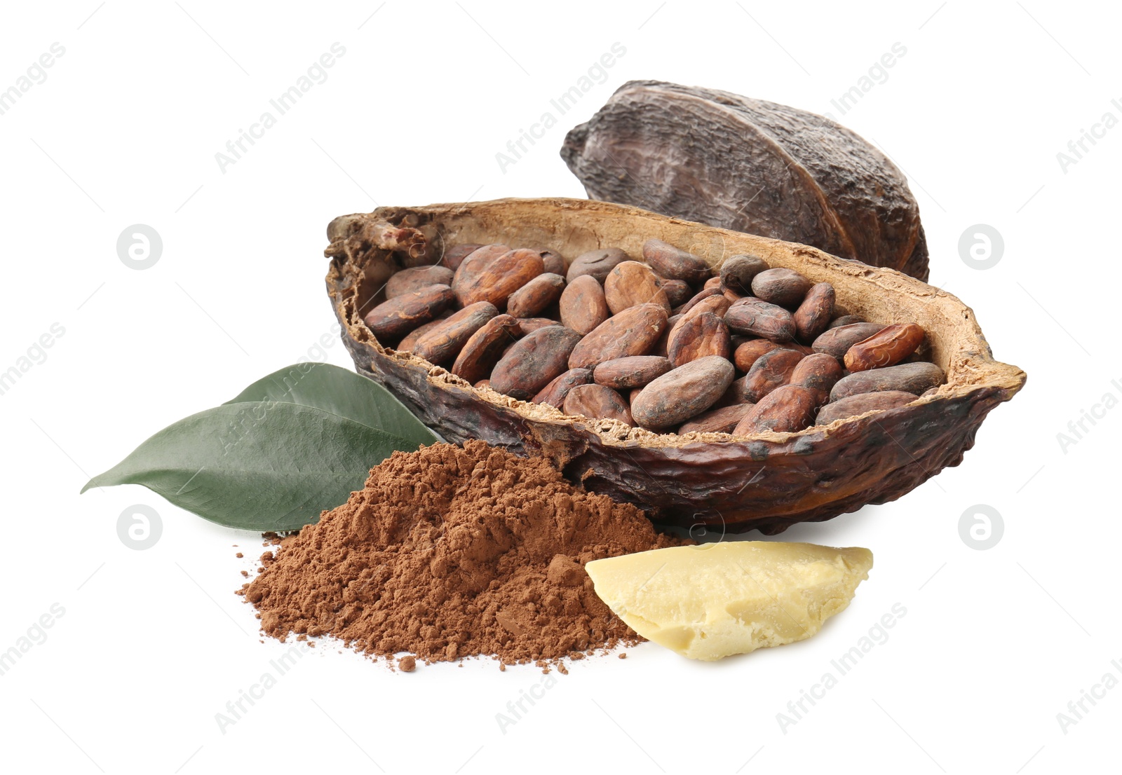 Photo of Cocoa pods with beans, powder, butter and leaves isolated on white