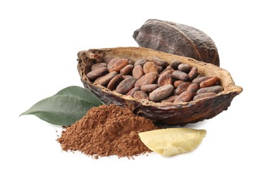 Photo of Cocoa pods with beans, powder, butter and leaves isolated on white