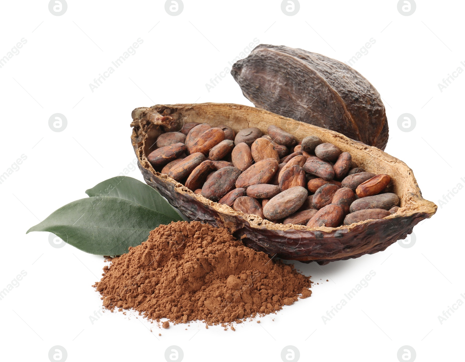 Photo of Cocoa pods with beans, powder and leaves isolated on white