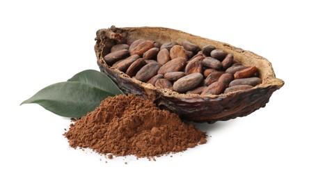 Cocoa pod with beans, powder and leaves isolated on white