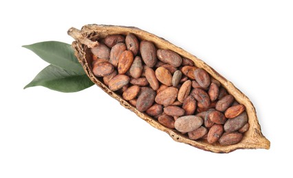 Photo of Cocoa pod with beans and leaves isolated on white, top view