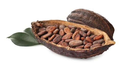 Photo of Cocoa pods with beans and leaves isolated on white