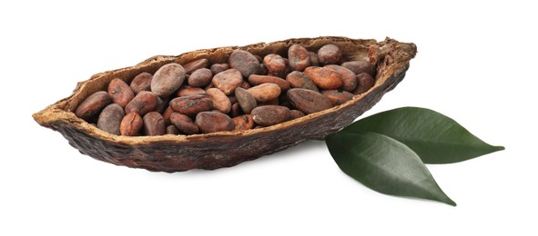 Cocoa pod with beans and leaves isolated on white