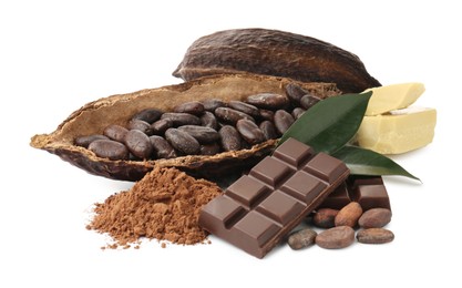 Photo of Cocoa pods with beans, powder, butter, chocolate and leaves isolated on white