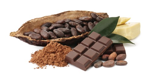 Photo of Cocoa pod with beans, powder, chocolate, butter and leaves isolated on white