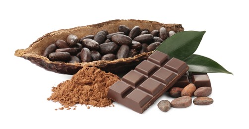 Cocoa pod with beans, powder, chocolate and leaves isolated on white