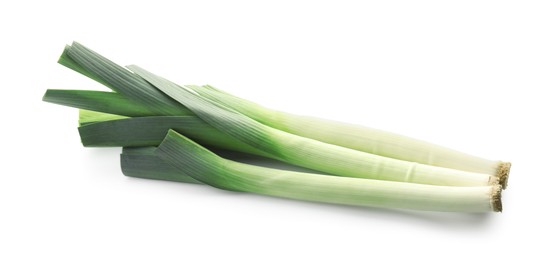 Photo of Fresh leeks isolated on white. Spicy vegetable