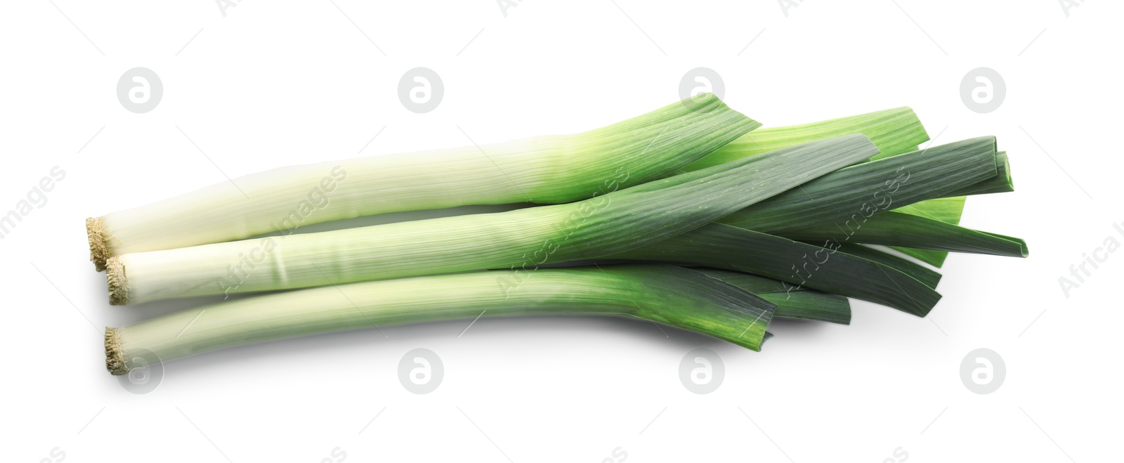 Photo of Fresh leeks isolated on white, top view. Spicy vegetable