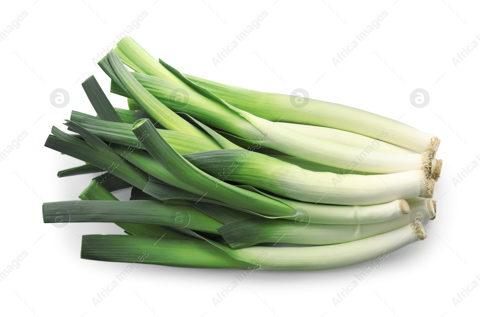 Photo of Fresh leeks isolated on white, top view. Spicy vegetable