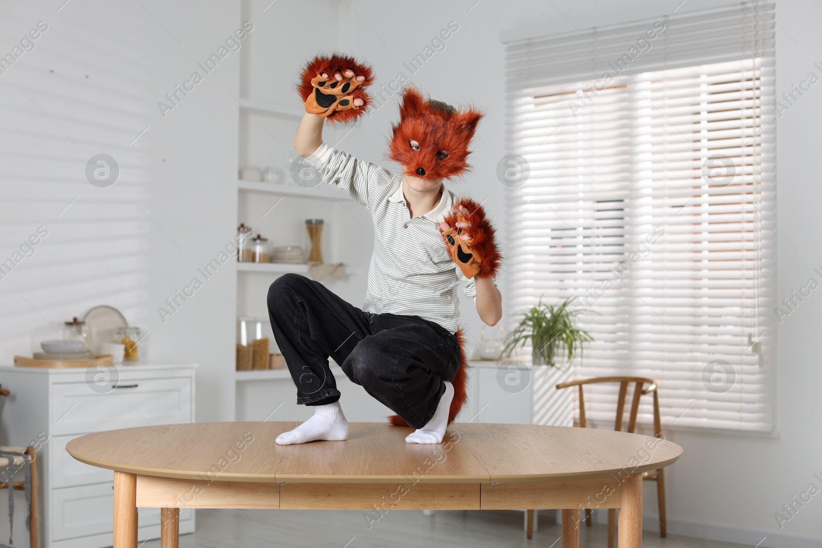 Photo of Quadrobics. Boy wearing fox mask and gloves on table indoors