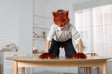 Photo of Quadrobics. Boy wearing fox mask and gloves on table indoors