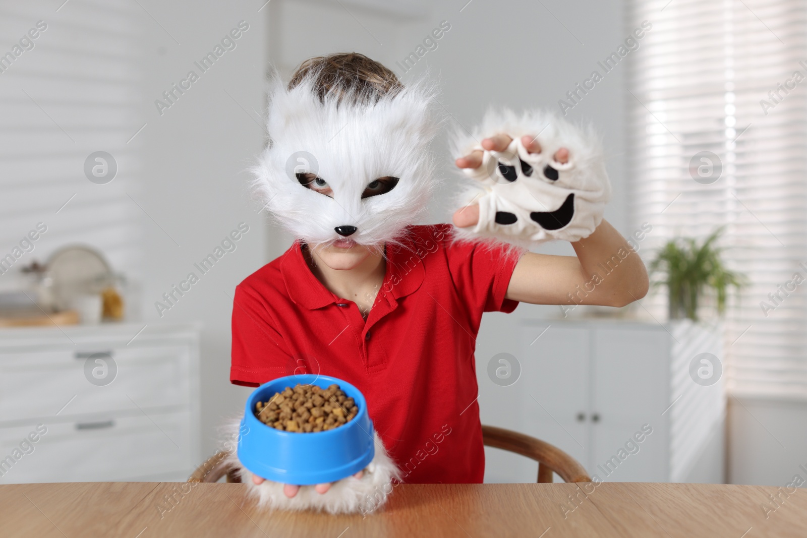 Photo of Quadrobics. Boy wearing cat mask and gloves with feeding bowl at table indoors