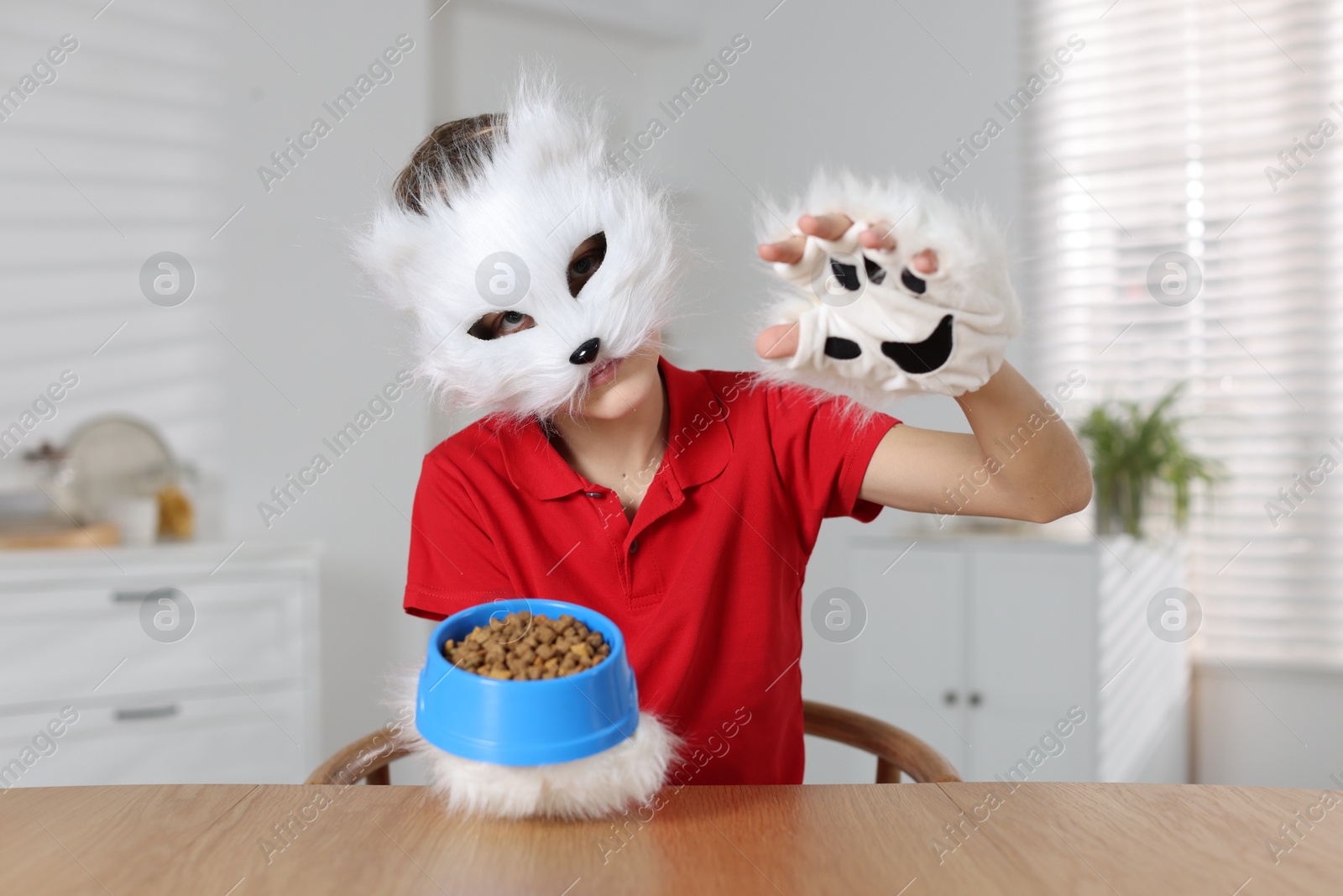 Photo of Quadrobics. Boy wearing cat mask and gloves with feeding bowl at table indoors