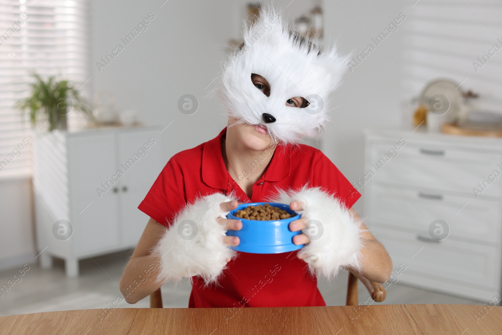 Photo of Quadrobics. Boy wearing cat mask and gloves with feeding bowl at table indoors