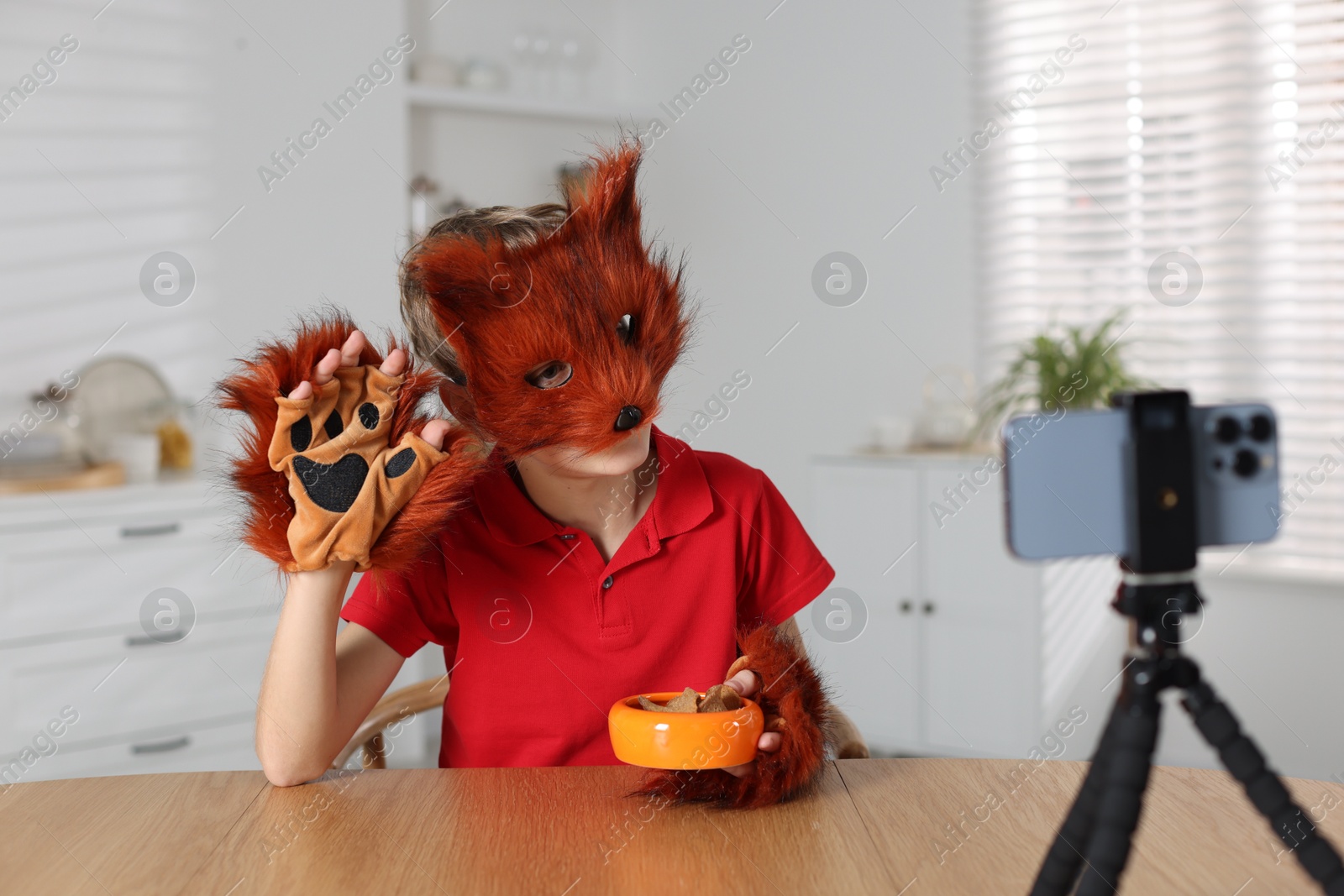 Photo of Quadrobics. Boy wearing fox mask and gloves with feeding bowl filming video at table indoors