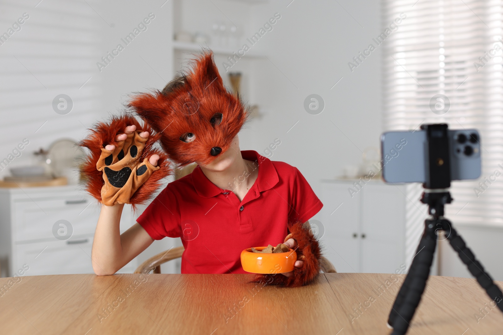 Photo of Quadrobics. Boy wearing fox mask and gloves with feeding bowl filming video at table indoors