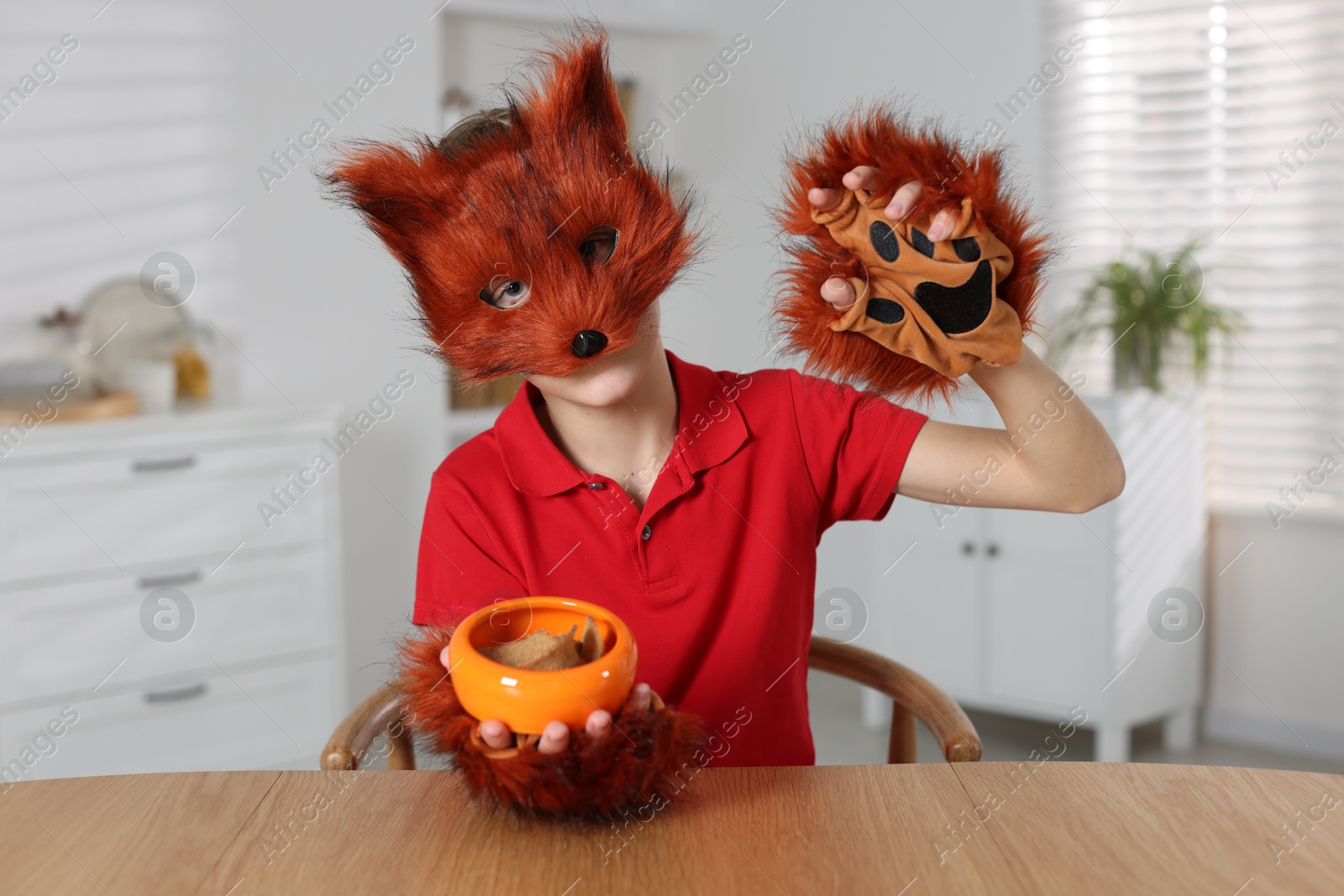 Photo of Quadrobics. Boy wearing fox mask and gloves with feeding bowl at table indoors