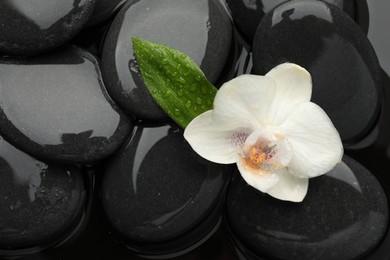 Photo of Spa stones and orchid flower on water surface, top view