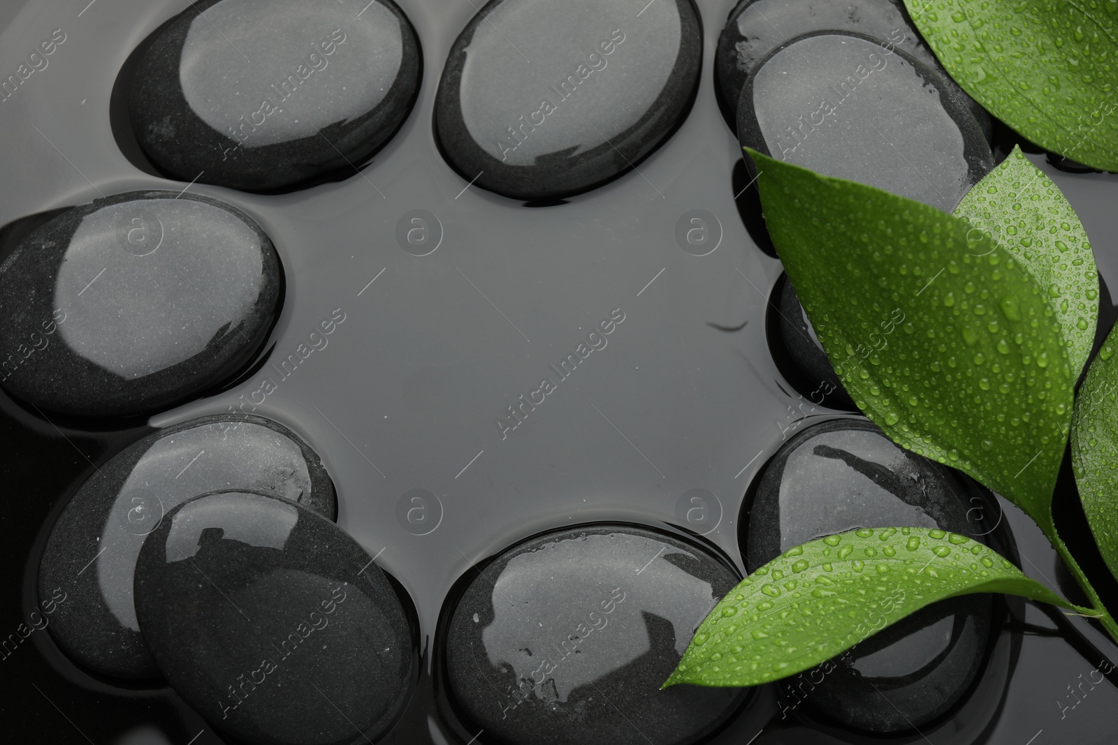 Photo of Frame of spa stones and green leaves on water surface, flat lay. Space for text