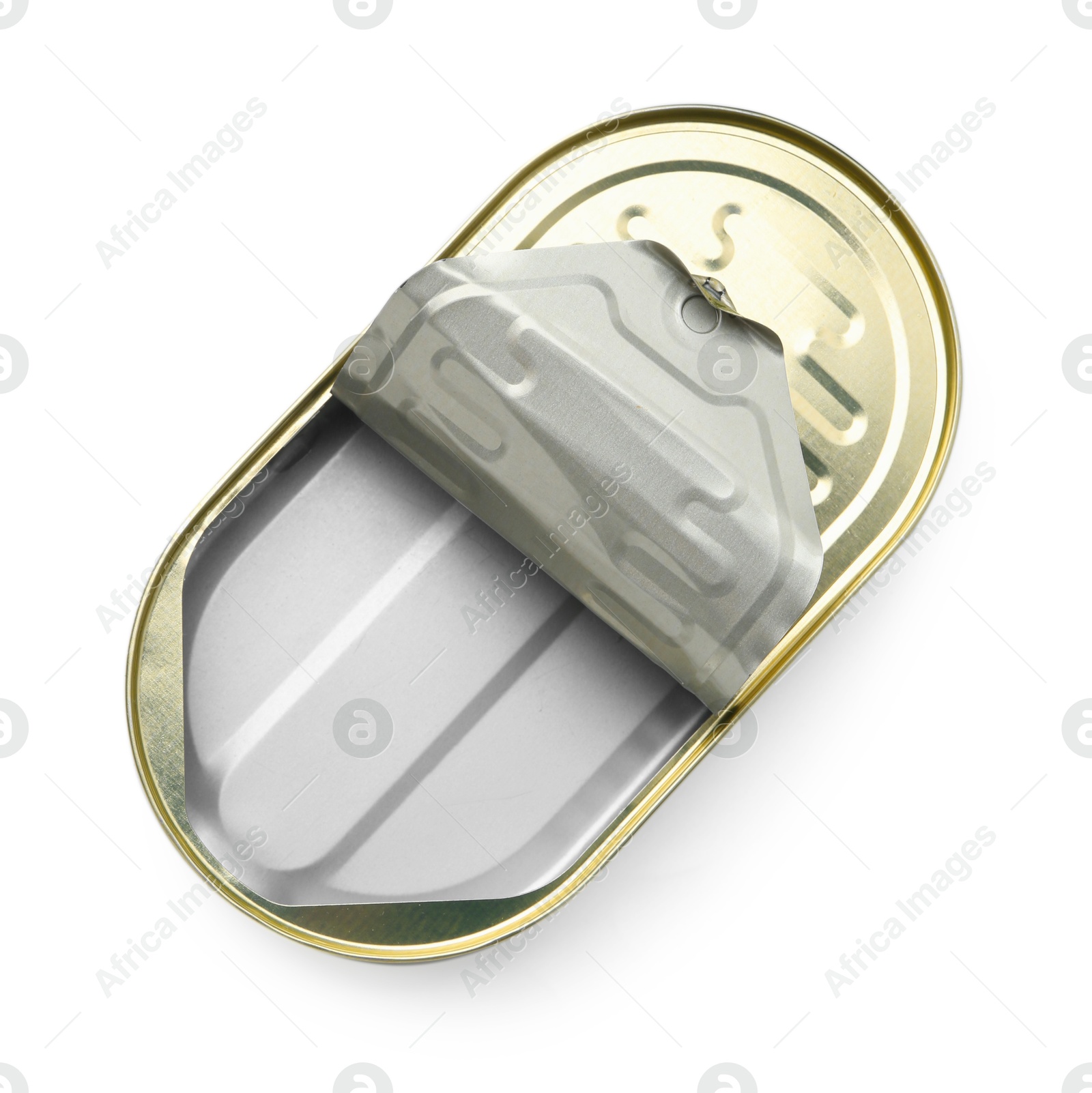 Photo of One open tin can isolated on white, top view